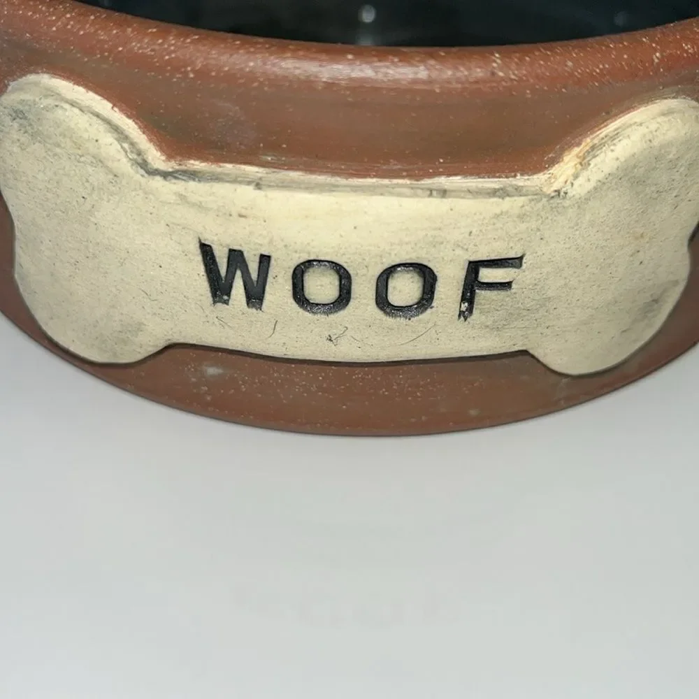New never used Woof Dog Bone decorated handmade & glazed Small /Medium Dog Bowl